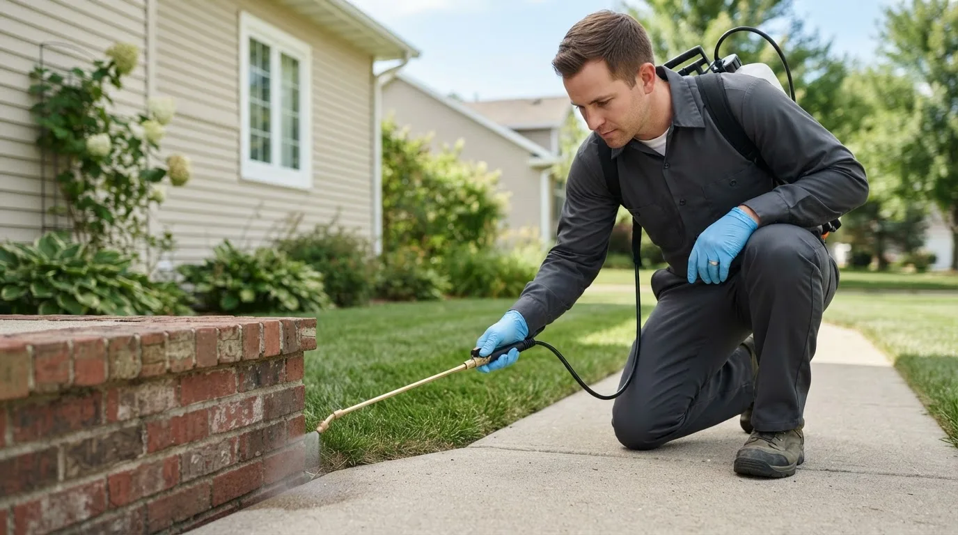 Pest control technician treating a home near Gentry, MO
